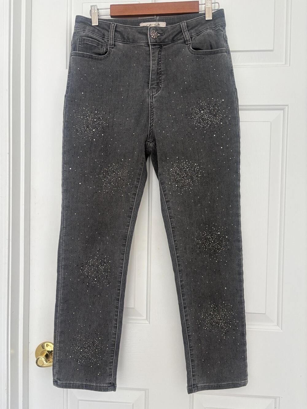 Charlie B Women’s Gray Embellished Jeans Rhinestone Sparkle Straight Leg Size 10
